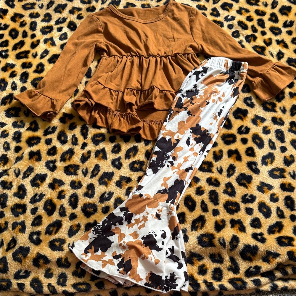 Brown Ruffle Top and Cow Patterned Bell Bottom Pants Set